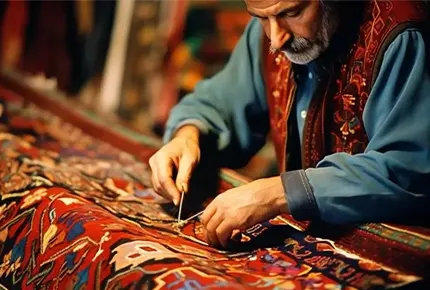 Artisan carefully working on a detailed handwoven carpet, symbolizing the precision and craftsmanship that software consulting services bring to complex business projects.