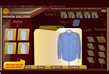 Screen showing a virtual designer software interface with options to customize shirt styles, fabrics, collars, cuffs, and pockets in an interactive clothing design tool.