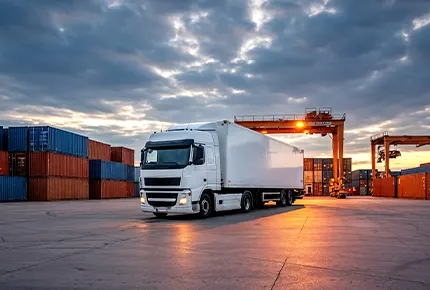 White freight truck driving through a shipping yard with containers and cranes at sunset, representing logistics operations that can be optimized with 3pl management software.