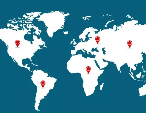 World map with location markers representing a global retail giant using HRMS solutions for workforce management.