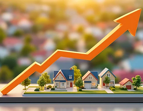 Illustration of rising houses with an upward growth arrow, representing how Ice Cream CRM helped a construction company automate prospect management and improve sales performance.