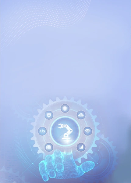 Digital interface showing a robotic automation icon surrounded by technology symbols, representing Mechsoft’s tailored software solutions for diverse industries powered by custom engineering and domain expertise.