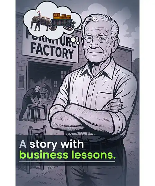 Illustration of an elderly man standing confidently outside a furniture factory, with workers crafting furniture in the background and a thought bubble showing a horse-drawn cart delivering furniture, representing business lessons.