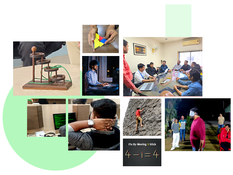 Collage of Mechsoft team activities showcasing a culture of adventure and challenges, including trekking, rock climbing, puzzle-solving, team discussions, and outdoor group activities.