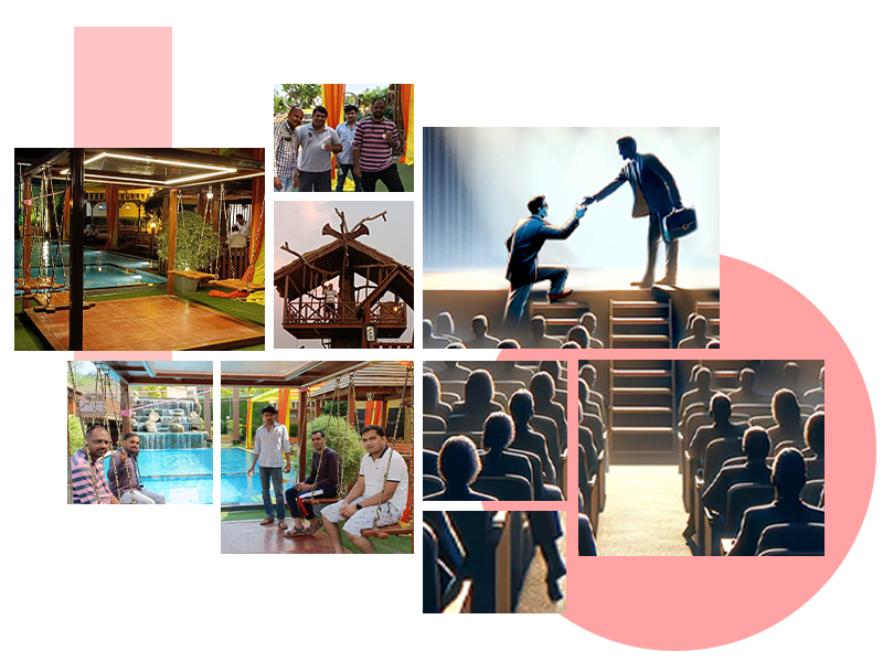 Collage depicting Mechsoft’s culture of ascent, inclusion, and ownership, featuring team outings, leadership workshops, group discussions, and sessions that encourage employees to grow into decision-making roles.