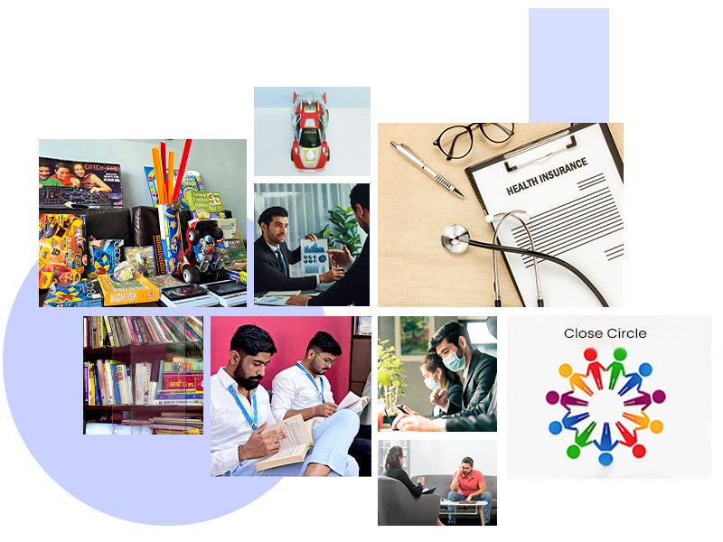 Collage showcasing Mechsoft’s culture of balance and overall happiness, including toy library activities, reading and learning sessions, health insurance support, counselling, financial planning discussions, and the CloseCircle peer-support program.
