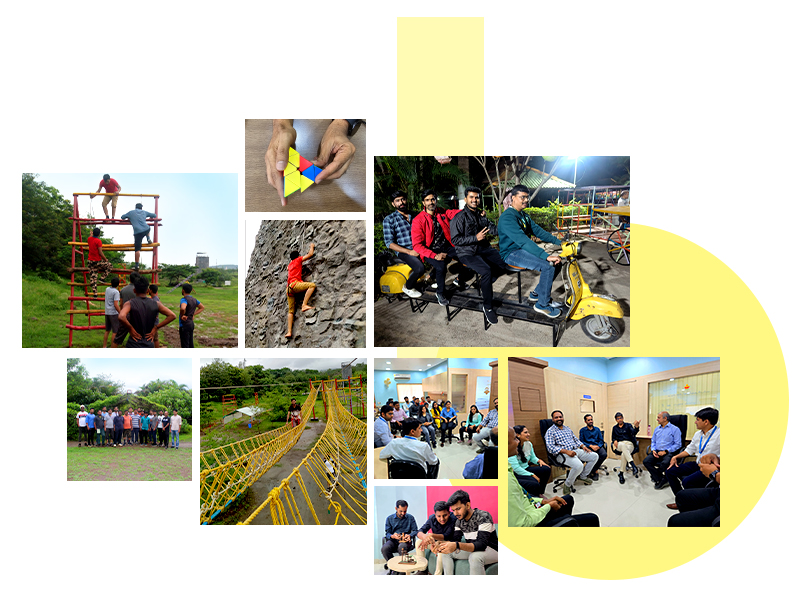 Collage of Mechsoft team activities including outdoor adventures, obstacle courses, group outings, indoor sessions, and fun team-building moments reflecting a vibrant and engaging workplace culture.