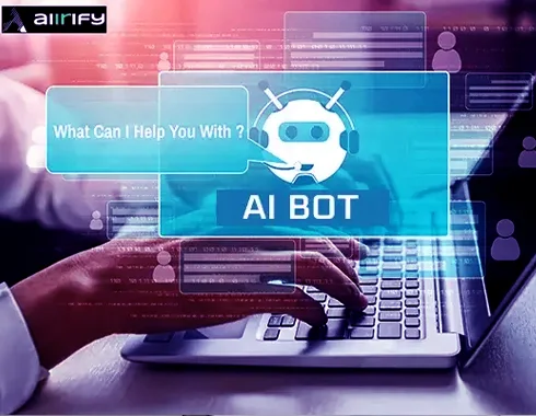 Laptop user interacting with an AI bot interface, representing custom software development for startups Aiirify as it automates IT support with an intelligent and secure AI platform.