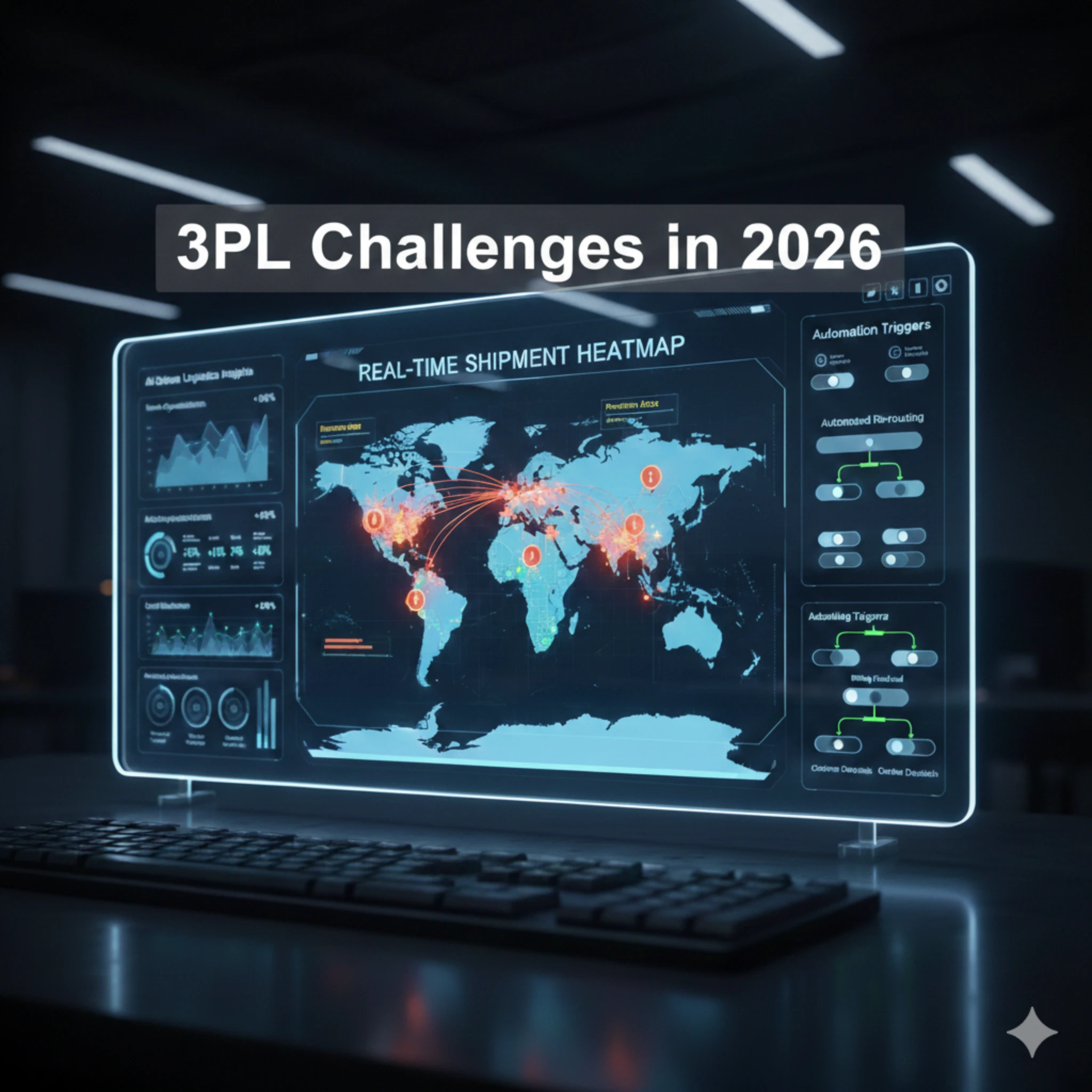 Dashboard showing global shipment heatmap highlighting 3PL Challenges in 2026 with real-time logistics tracking and automation insights