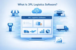 Illustration explaining what 3PL logistics software is, showing a central dashboard with order management, inventory tracking, warehouse management, shipping integration, and reporting connected to e-commerce, warehouse, truck, barcode scanner, analytics, and cloud systems.