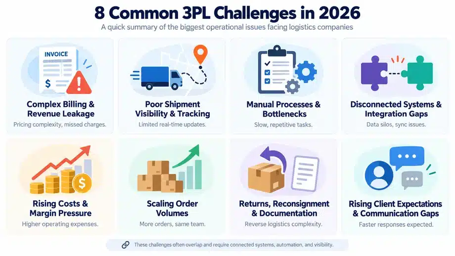 Infographic showing 8 common 3PL challenges in 2026, including billing errors, shipment visibility, manual processes, integration gaps, rising costs, order scaling, returns, and client communication.