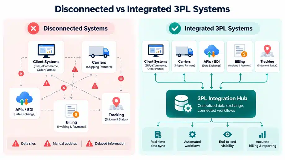 Diagram comparing disconnected and integrated 3PL systems, showing how API/EDI integration connects client systems, carriers, billing, and shipment tracking.