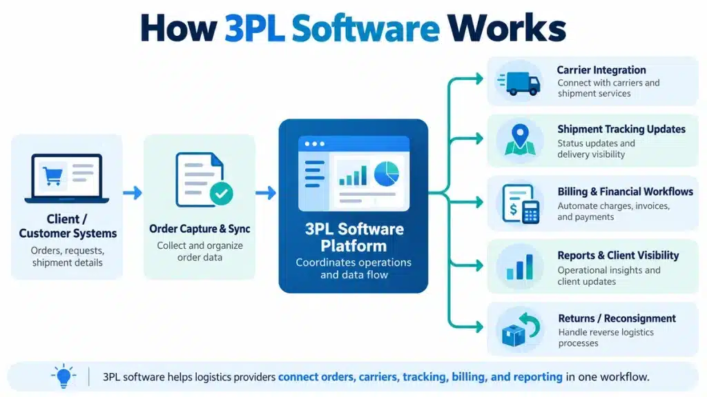 Diagram showing how 3PL logistics systems connect customer orders with carrier integration, shipment tracking, billing, reporting, and returns.