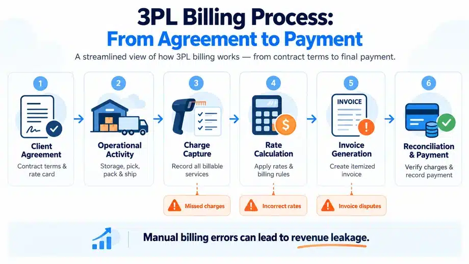 3PL billing process diagram showing six steps from client agreement to payment, highlighting revenue leakage risks from missed charges, incorrect rates, and invoice disputes.
