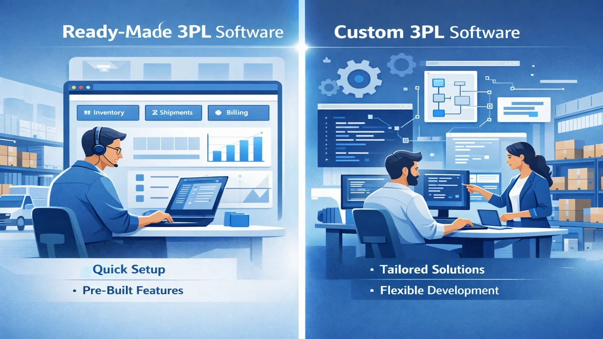 custom 3pl software solutions vs ready made 3pl software comparison illustration