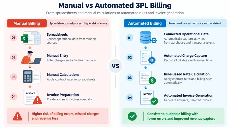 Manual vs automated 3PL billing process comparison showing spreadsheet-based calculations, automated charge capture, rule-based pricing, and invoice generation.