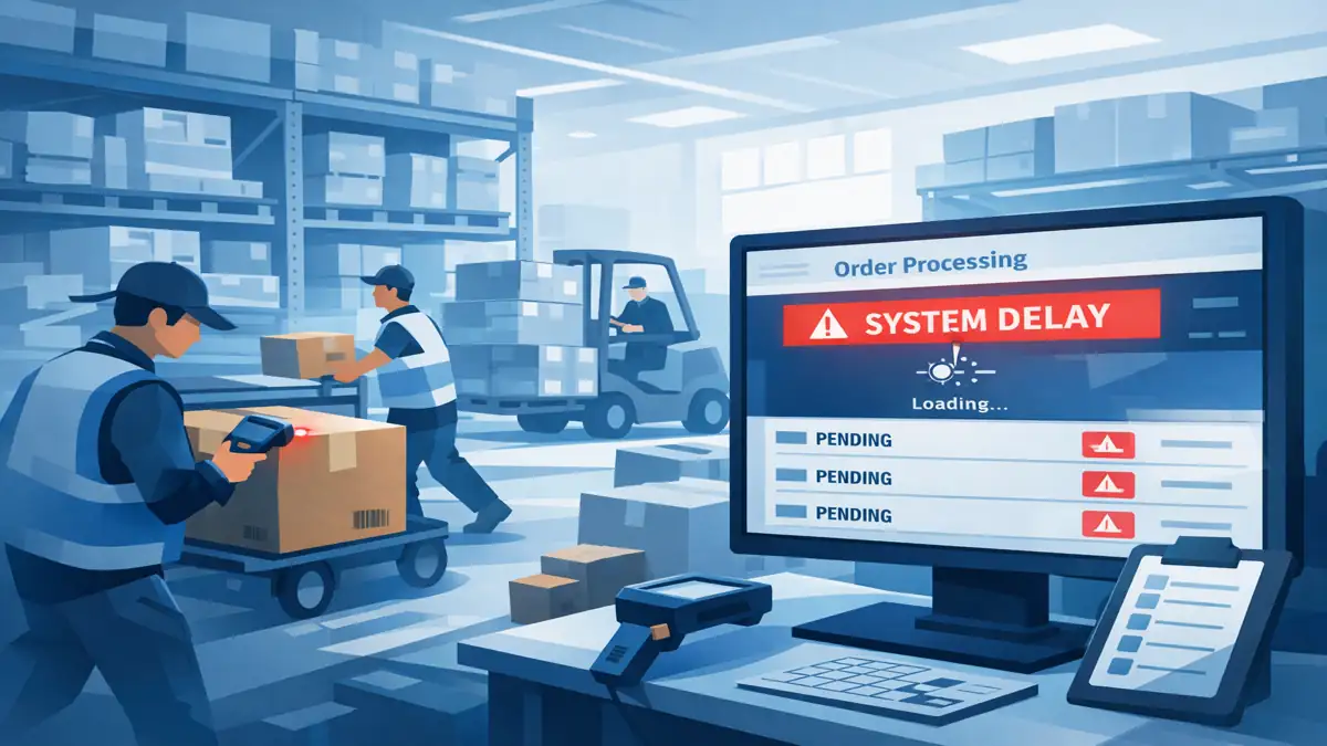 Busy 3PL warehouse with system delays highlighting order management challenges in high-volume logistics operations