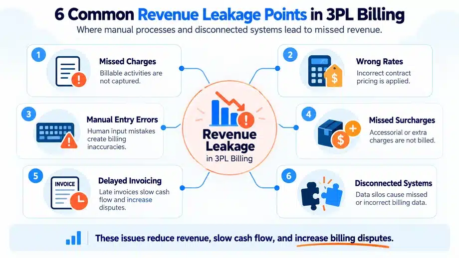 Infographic showing six revenue leakage points in the 3PL billing process, including missed charges, wrong rates, manual entry errors, missed surcharges, delayed invoicing, and disconnected systems.