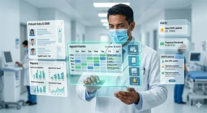 Doctor using patient management software dashboard to manage appointments, medical records, billing, and alerts in a hospital setting
