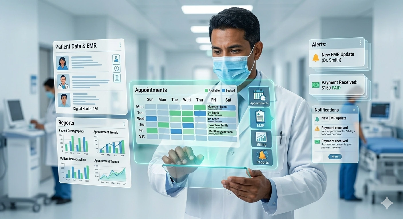 Doctor using patient management software dashboard to manage appointments, medical records, billing, and alerts in a hospital setting