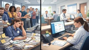clinic problems caused by manual processes showing chaotic paperwork and organized digital system in a healthcare clinic