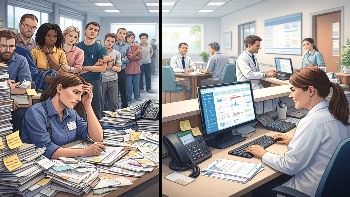clinic problems caused by manual processes showing chaotic paperwork and organized digital system in a healthcare clinic