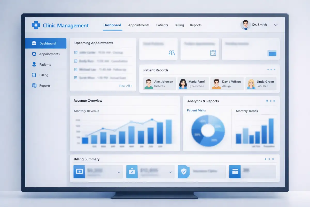 Modern clinic management software dashboard showing patient records, appointments, billing, and analytics interface