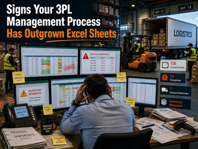 Warehouse operations manager overwhelmed by Excel spreadsheets, shipment delays, and inventory issues in a busy 3PL Management environment.