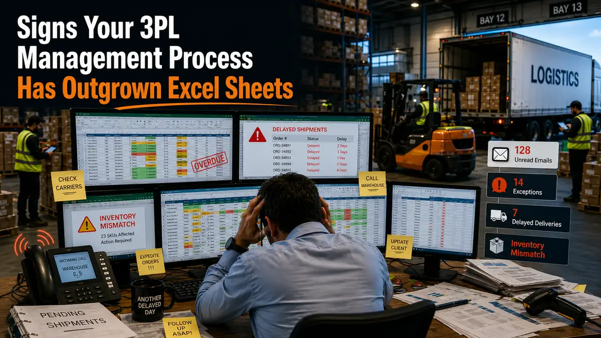 Warehouse operations manager overwhelmed by Excel spreadsheets, shipment delays, and inventory issues in a busy 3PL Management environment.